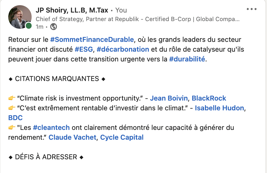 Retour sur le #SommetFinanceDurable, où les grands leaders du secteur financier ont discuté #ESG, #décarbonation et du rôle de catalyseur qu'ils peuvent jouer dans cette transition urgente vers la #durabilité.

linkedin.com/feed/update/ur…

<a href="/FinanceMontreal/">Finance Montréal</a> #SFSMtl2022