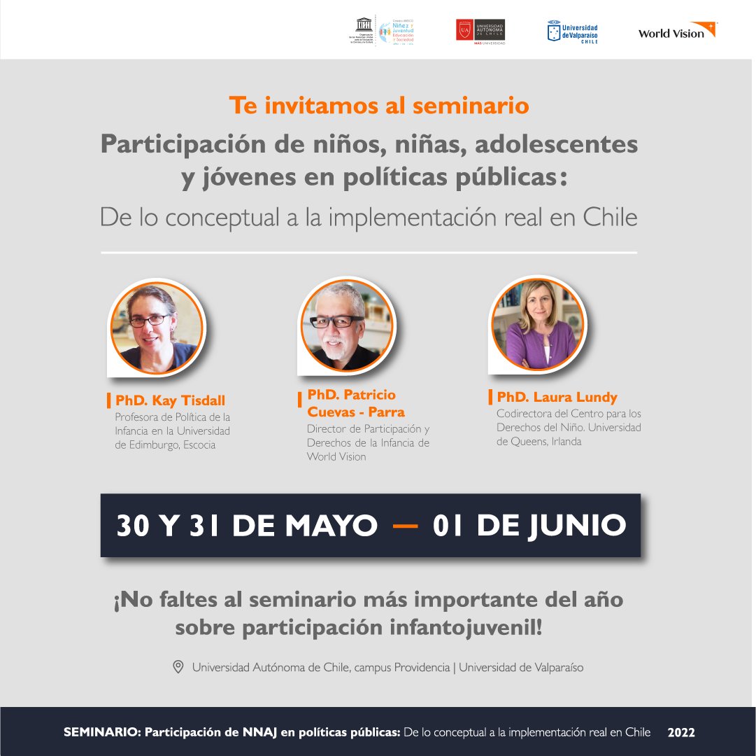 Te invitamos al Seminario Participación de #NNAJ en Políticas Públicas, la instancia más importante del año en esta materia en #Chile realizada junto con 
<a href="/autonomadechile/">Universidad Autónoma de Chile</a> <a href="/uvalpochile/">Universidad de Valparaíso</a>. Ingresa al link, completa el formulario y serás parte. Regístrate aquí worldvision.cl/seminario-inte…
