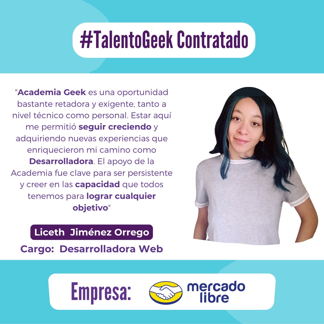 laacademiageek's tweet photo. Estamos Felices, nuestro compromiso de conectar a nuestro #TalentoGeek con #oportunidadeslaborales en el #sector #TI se fortalece cada vez más.👏👏 Liceth Jiménez finalizó su entrenamiento en #AcademiaGeek y fue contratada como Desarrolladora Web en @Mercadolibre https://t.co/cJRxptKmiP