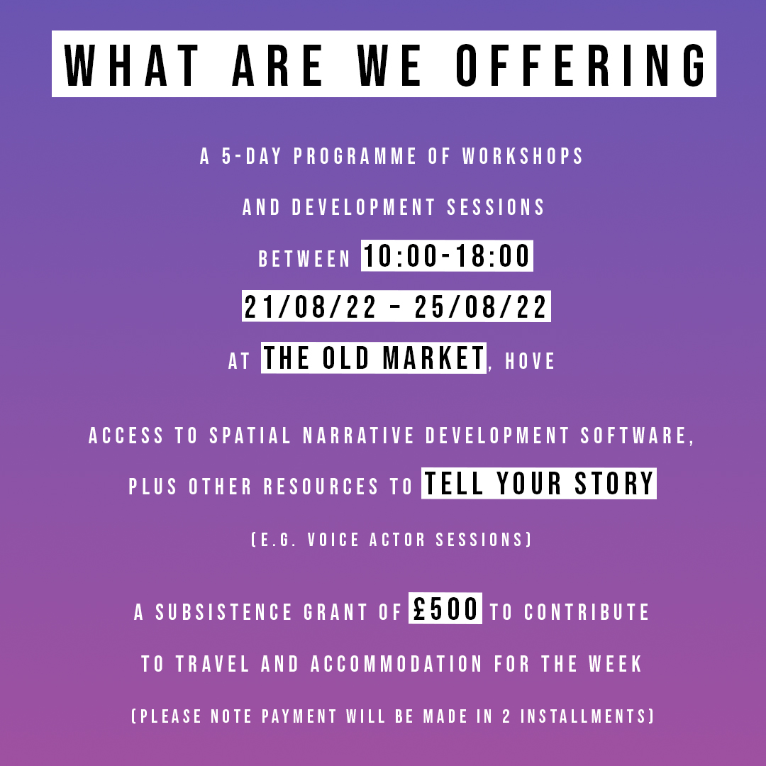 Spatial Narrative Lab are looking for applicants!

Applications are now open for the first Spatial Narrative Lab residential at The Old Market theatre, Brighton, Aug 21st - 25th 2022. 

Applications close on Friday 10th June
theoldmarket.com/news/spatial-n…