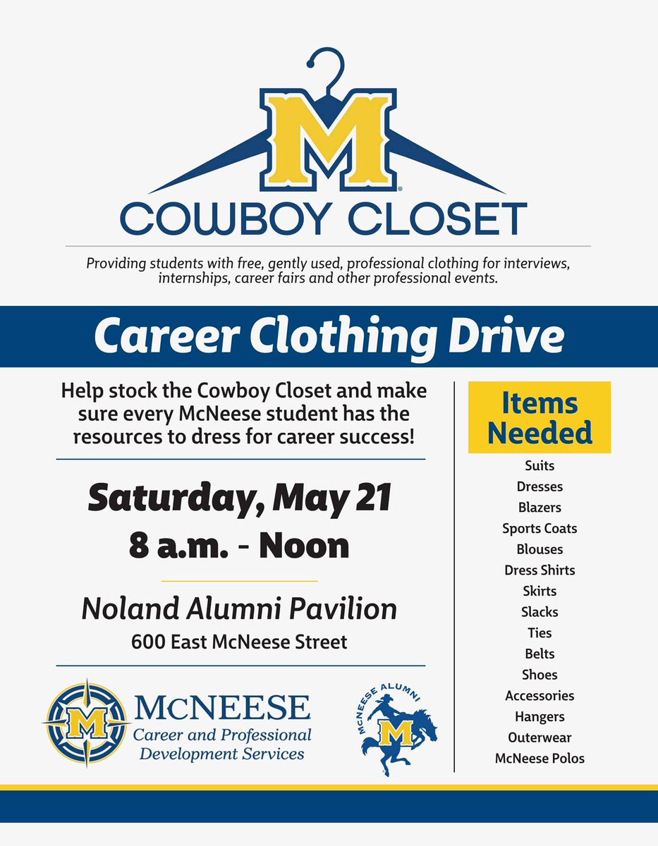 Don't forget to swing by the Career Clothing Drive tomorrow to help us stock our Cowboy Closet! Donate your gently used professional clothing to help us get our Cowboys and Cowgirls career ready!