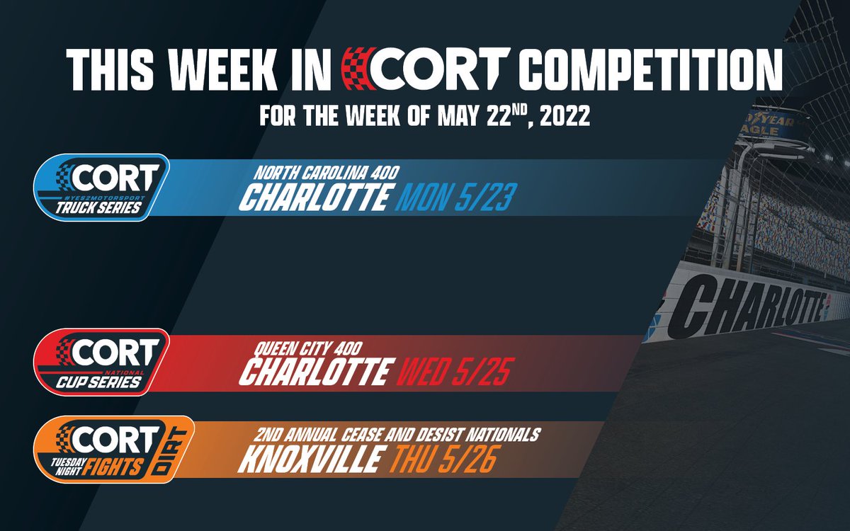 This week, we're wrapping up the Truck season and moving on to round two of the 'Yoffs at Charlotte, then hitting up █████████ for a bonus truck race in <a href="/CORTuesday/">CORT Tuesday Night Fights</a> dirt competition!