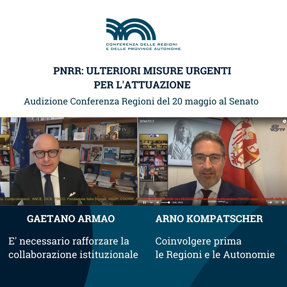 👉Approfondisci gli argomenti dell’Audizione: 
📇comunicato stampa bityl.co/CIZO/Comunicat… 
📑 emendamenti approvati dalla Conferena delle Regioni l’11 maggio: regioni.it/download/confe…  regioni.it/raccolta/542 #PNRR
<a href="/gaearmao/">Gaetano Armao</a>
@ArnoKompatscher