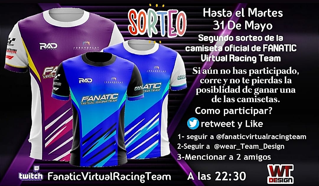 💥SORTEO💥

Si quieres ganar una de éstas pedazo de camisetas sigue los pasos:

1- Sigue a <a href="/FanaticVirtual/">FANATIC Virtual Racing Team</a> y <a href="/wearteamdesign/">wear_team_design</a>
2- Dale un ❤️ y retweet a la publicación.
3- Menciona a 2 amigos.
( + comentarios + posiblidades)

Finaliza 31 de mayo, en el directo de FANATIC (Twitch)