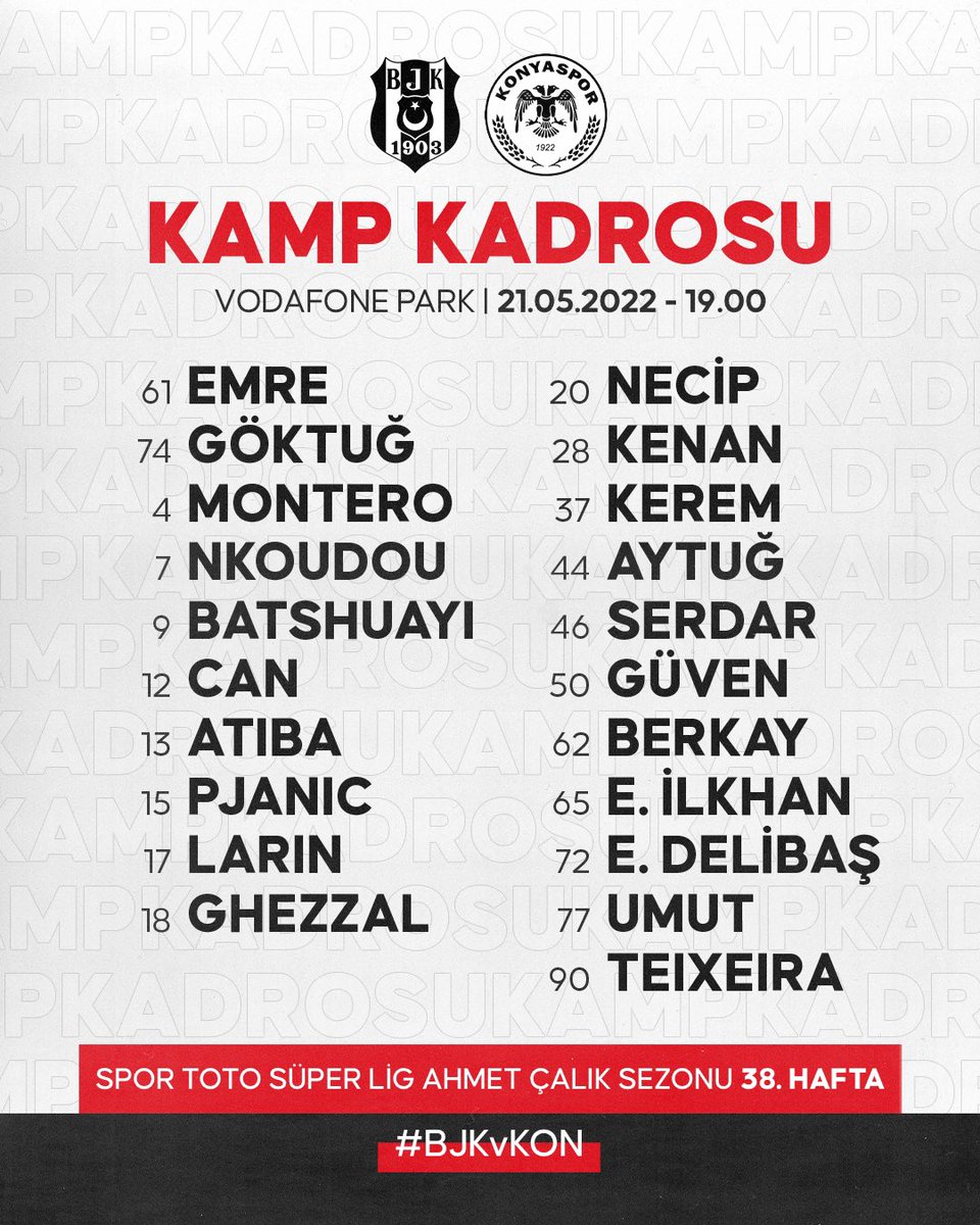 İttifak Holding Konyaspor maçı kamp kadromuz. 🦅

#BJKvKON | #BoğazınKartalı