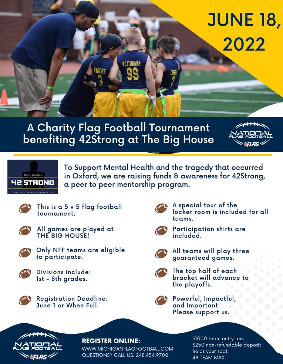 morris_ashlee's tweet photo. @JayHarbaugh Hey Jay! I work with National Flag Football and we are hosting a charity even on June 18th at the Big House. We are supporting the 42strong foundation in honor of Tate Myer. How cool would it be to have you and your dad came out to support! https://t.co/CdOb5qAPOK