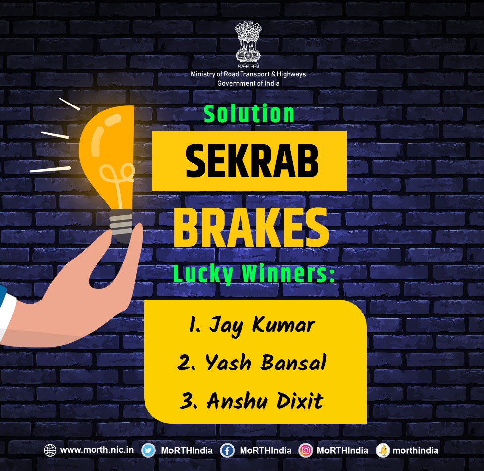 MORTHIndia's tweet photo. Bravo! These winners amazed us with their intellect. Ready for more?
Solve the puzzles and your name can be the next one to be mentioned here.
#RoadSafetyWithPuzzles https://t.co/BlahMgUVqy