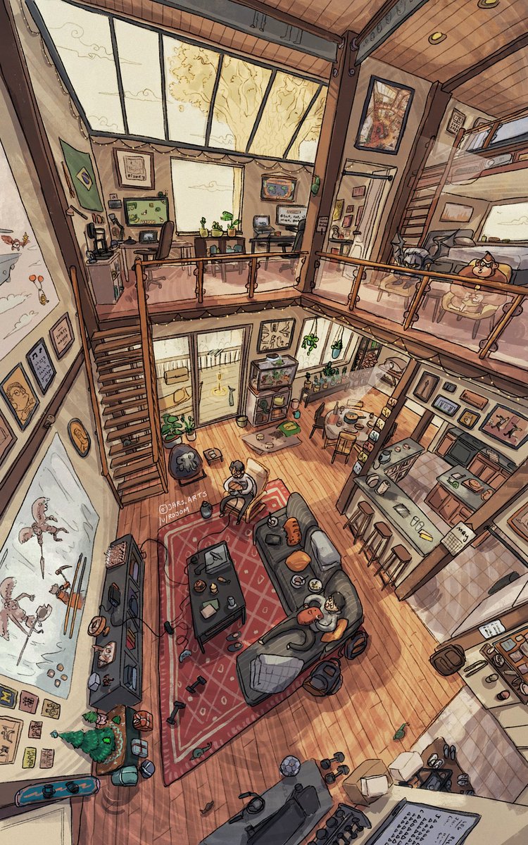 Two Brothers, 2022 - drew my apartment but converted it into a loft. Yes, that's elden ring on the projector.

#cozy #architecture #loft