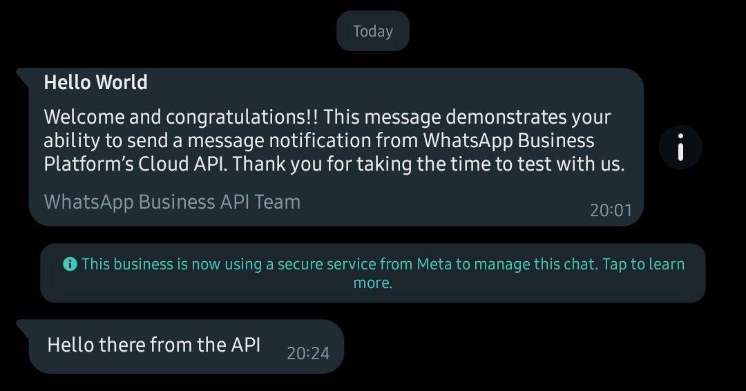 ransarajey's tweet photo. Testing the newly introduced @WhatsApp Cloud API https://t.co/t7c6OlBiyr
