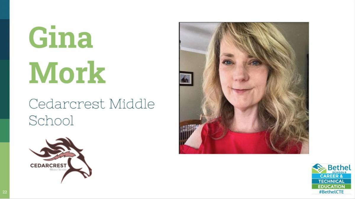 Congratulations to Gina Mork on being named Bethel's CTE Teacher of the Year! Mork, who teaches STEAM at Cedarcrest Middle School, was recently honored at the annual CTE end-of-year award ceremony. Mork leads the Girls Who Code Club and the IGNITE Program at CMS. Way to go, Gina!