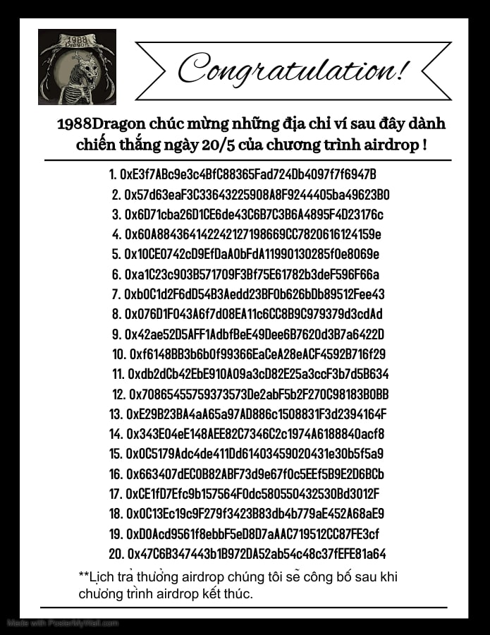 🎉Chúc mừng cho 20 người tiếp theo dành chiến thắng Airdrop ngày 20/5
Cám ơn các bạn đã tích cực chia sẻ link airdrop cá nhân của mình.
🏁 Chúng ta vẫn còn 3 ngày và 60 NFT đang chờ các bạn phía trước.
💯