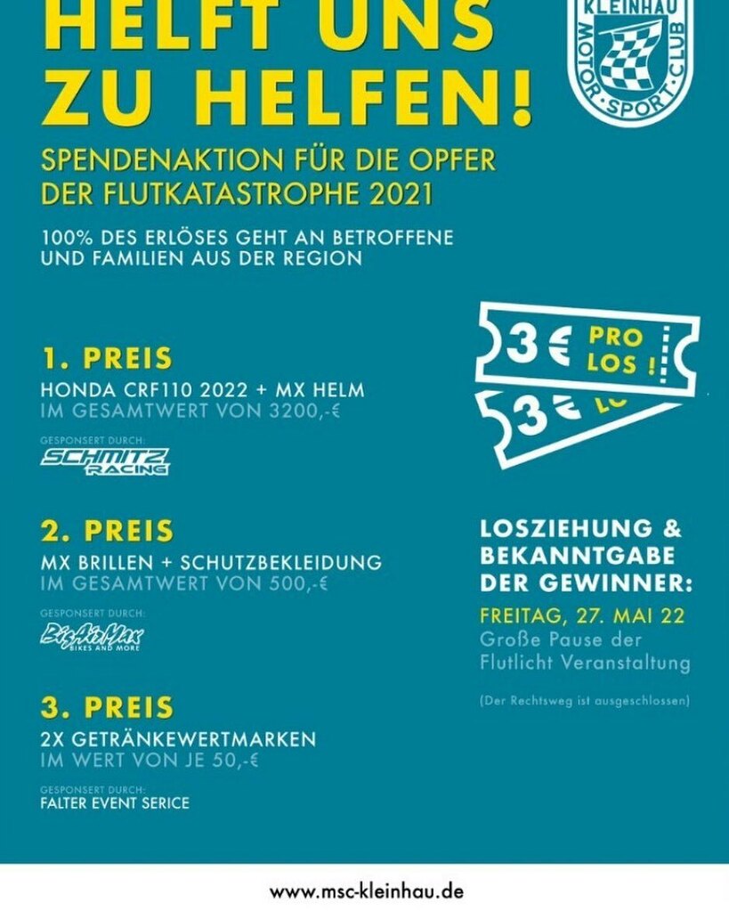 damcv_de's tweet photo. Der MSC Kleinhau macht eine Verlosung zum Gunsten der Flutopfer💪🏼 

#helfen #helfenkannjeder #msckleinhau #damcv #verlosung #motocross https://t.co/rbvzjYkys1 https://t.co/U1hWFWZyuZ