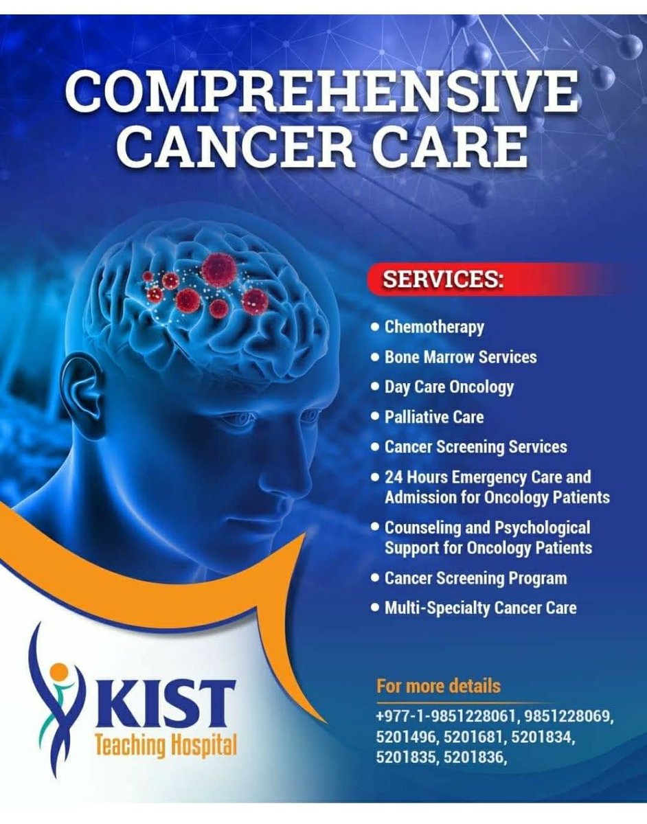 KISTMCTH's tweet photo. COMPREHENSIVE CANCER CARE services at KIST Hospital.
Cancer is a major public health problem worldwide, the treatment of which is challenging as it requires a multi disciplinary approach. https://t.co/S3njXx96up
