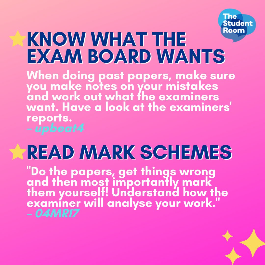 thestudentroom's tweet photo. 7. Know what the exam board wants (do lots of past papers!) ✍️
8. Read the mark schemes to really understand how the examiner will analyse your work 👀
Find more #GCSERevisionTips here: https://t.co/CFCOSJB49z
#GCSEExams #GCSE #GCSETips #RevisionTips #gcses2022 https://t.co/sX1MVlH6se