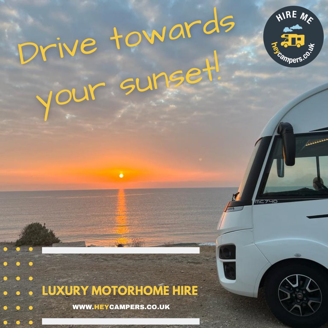 Hey Campers!
 
Where will you watch the sunset this summer?
 
With our luxury motorhomes you can wake up to a different view each day.

Check availability and book online at heycampers.co.uk or call us on 0345 034 8676 for more information