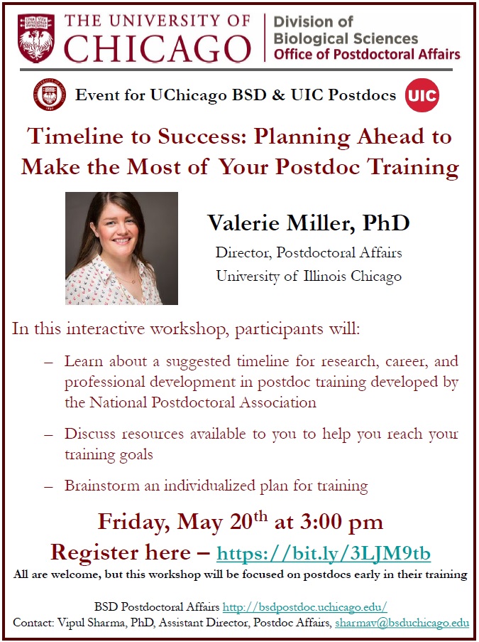 bsdpostdoc's tweet image. Postdoc Seminar on Timeline to Success: Planning Ahead to Make the Most of Your Postdoc Training

Friday, May 20th at 3:00 pm (TODAY!)
Register here – bit.ly/3LJM9tb

#postdoc #postdoctraining @uicpostdoc