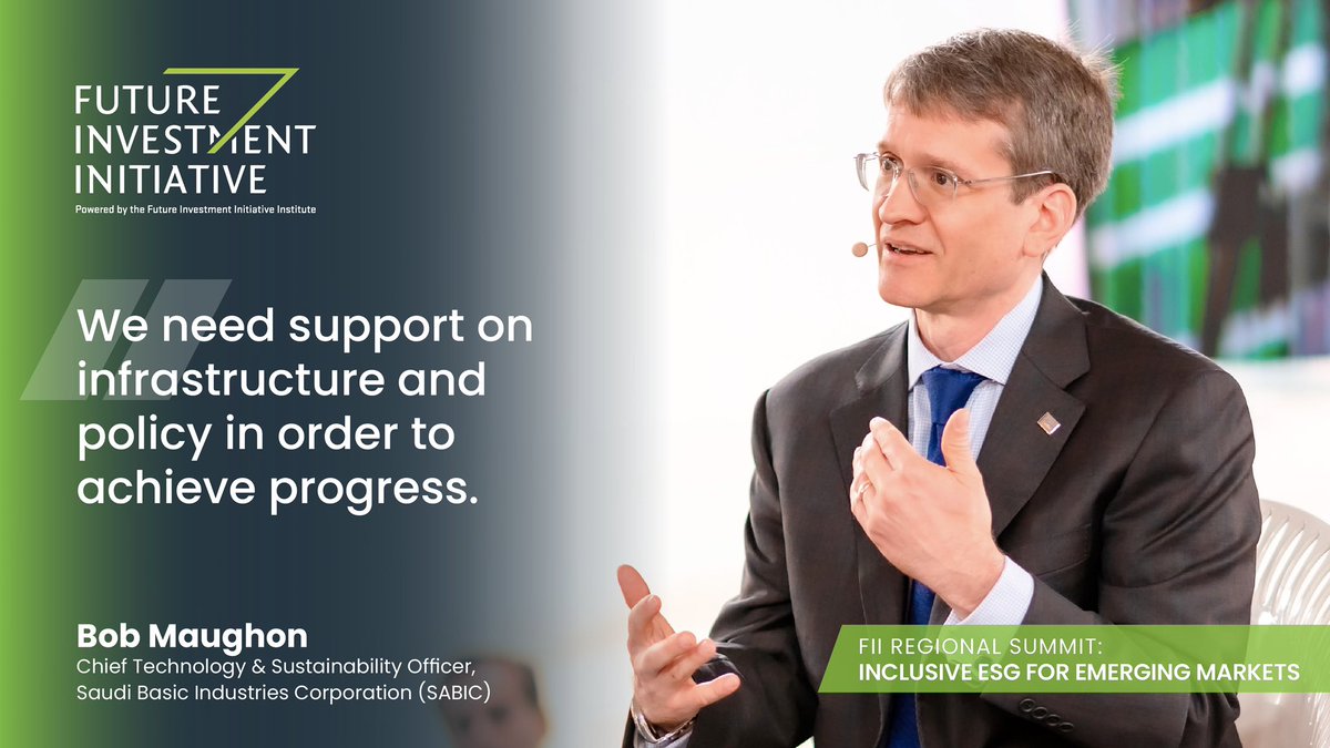 FII_Institute1's tweet photo. Bob Maughon, Chief Technology & Sustainability Officer of @SABIC_Europe, discusses the importance of #infrastructure and #policy support in the push towards #NetZero during #FII_ESG. #Sustainability https://t.co/boBzi09Os1