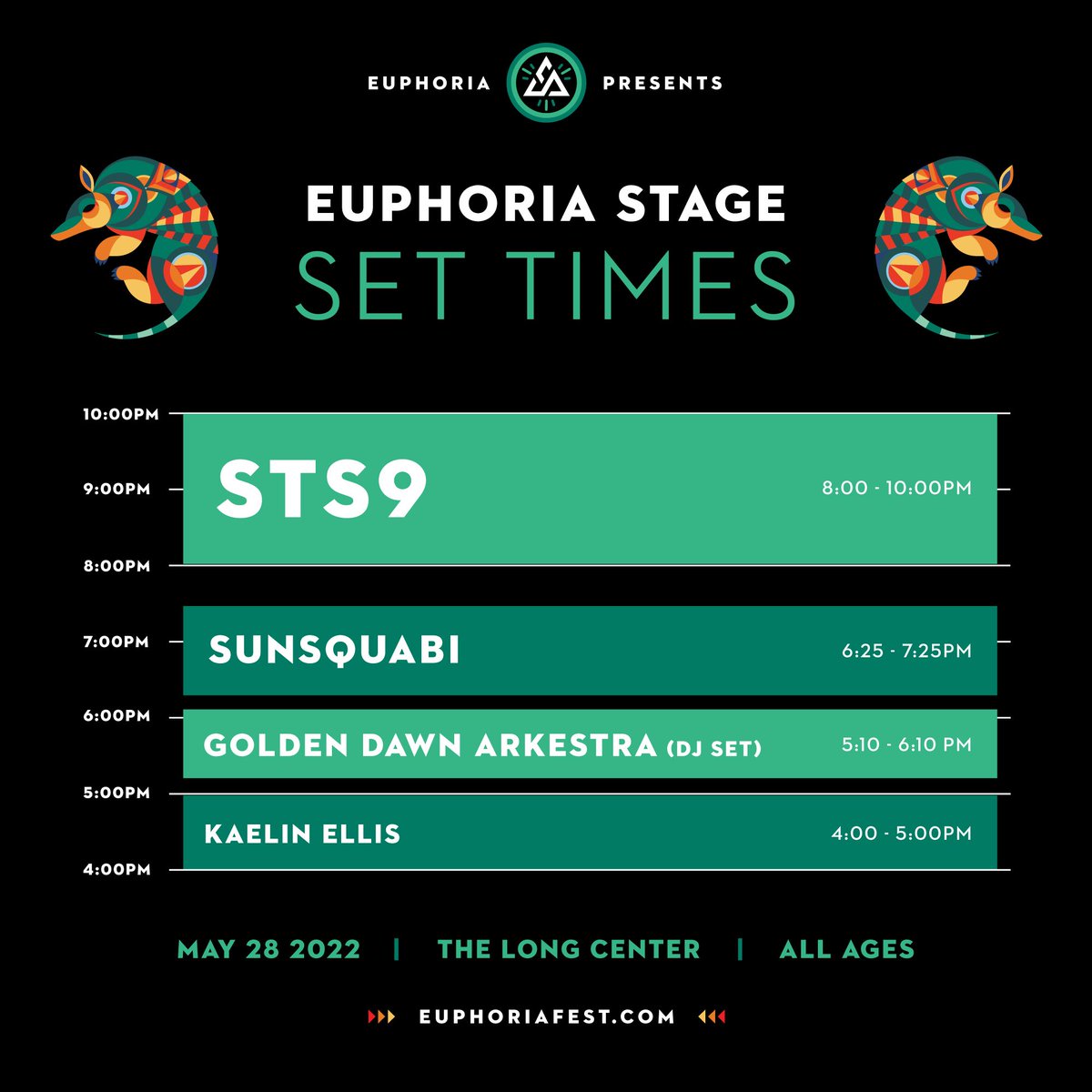euphoriafest's tweet photo. Euphoria Set Times! 🚀

Grab your ticket to see @STS9, @SunSquabi, @goldendawnARK (DJ Set) and @kaelinellis on May 28th at https://t.co/Mniv9gAPPR https://t.co/o6JOtgF1rK