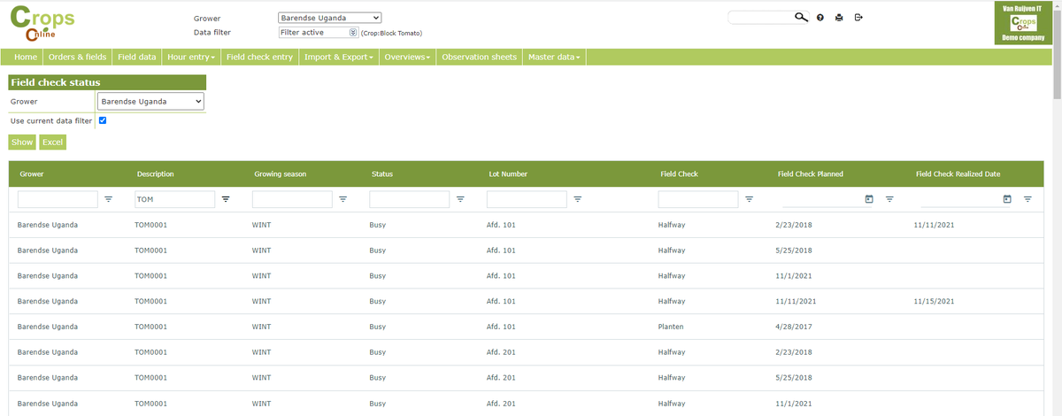 CropsOnline's tweet photo. Last week we released version 3.102 of Crops Online into production. In this version we focused on different overviews in Crops Online. We added a new overview in which the status of the field checks can be seen for the various productions. 
https://t.co/Q2KaJgtFdB https://t.co/UC55PHZc5M