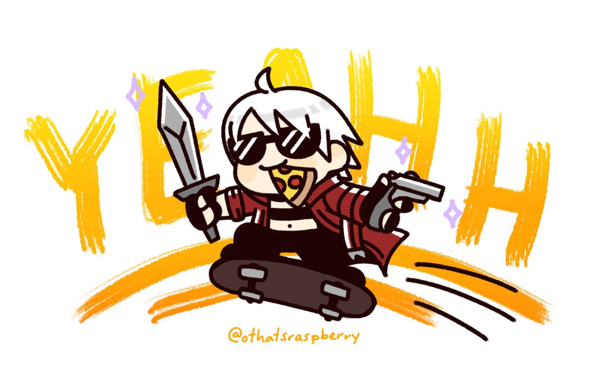dante (devil may cry) weapon 1boy sword male focus white hair sunglasses pizza  illustration images