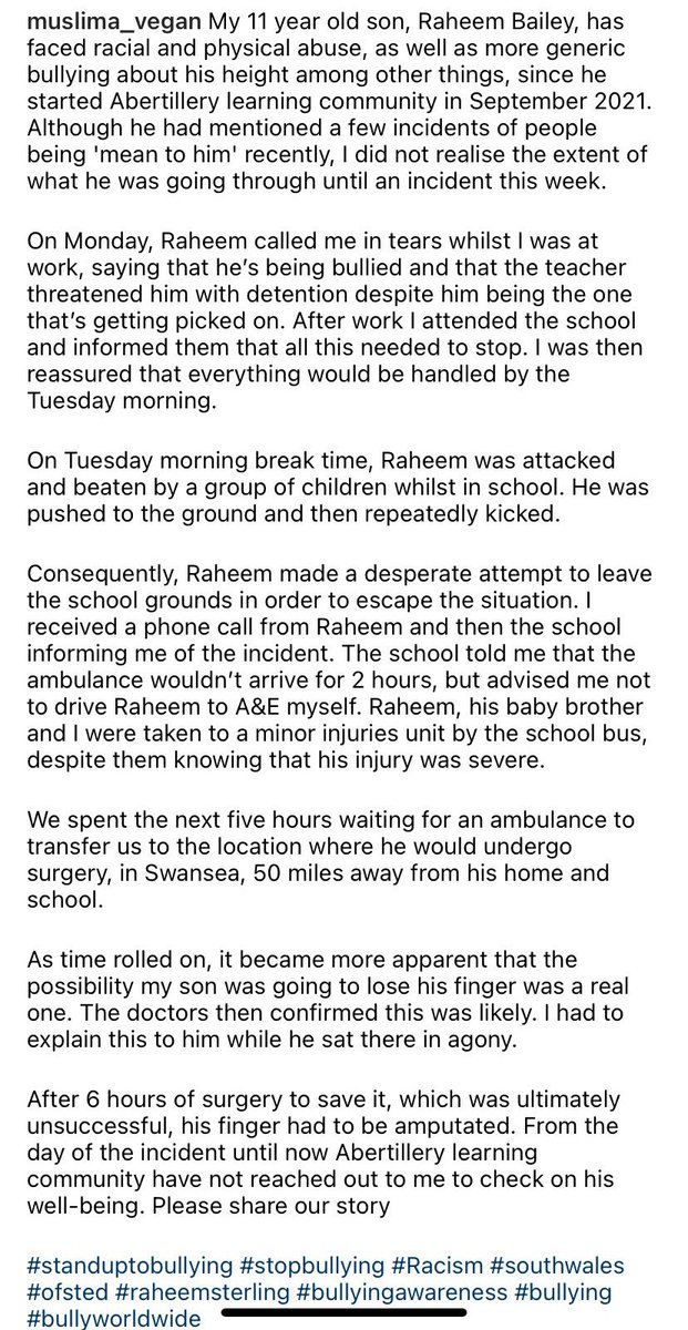 REFCardiffVG's tweet photo. We’re devastated to see this. Raheem Bailey, a young boy from Wales, has been a victim of racial abuse and was viciously assaulted. His mum @muslima_vegan shares his story on Instagram. @ITVCymruWales @BBCCymruFyw @BBCWalesNews @WalesOnline @raceequality @RaceEquality_UK https://t.co/VU6qQbekdE