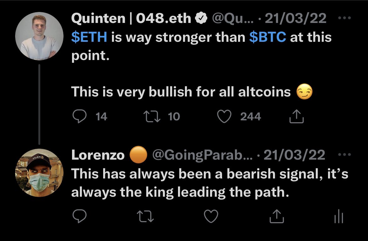 GoingParaboLink's tweet photo. @QuintenFrancois 50 days ago you said Altcoins were bullish because of Eth really strong, Instead i told u that was a super bearish signal, but i guess you knew it too https://t.co/xPJGV3VKqB