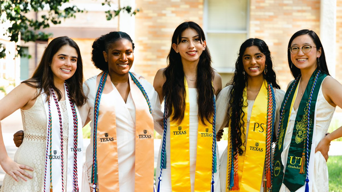 Five students standing next to each other with graduation stoles and cords.