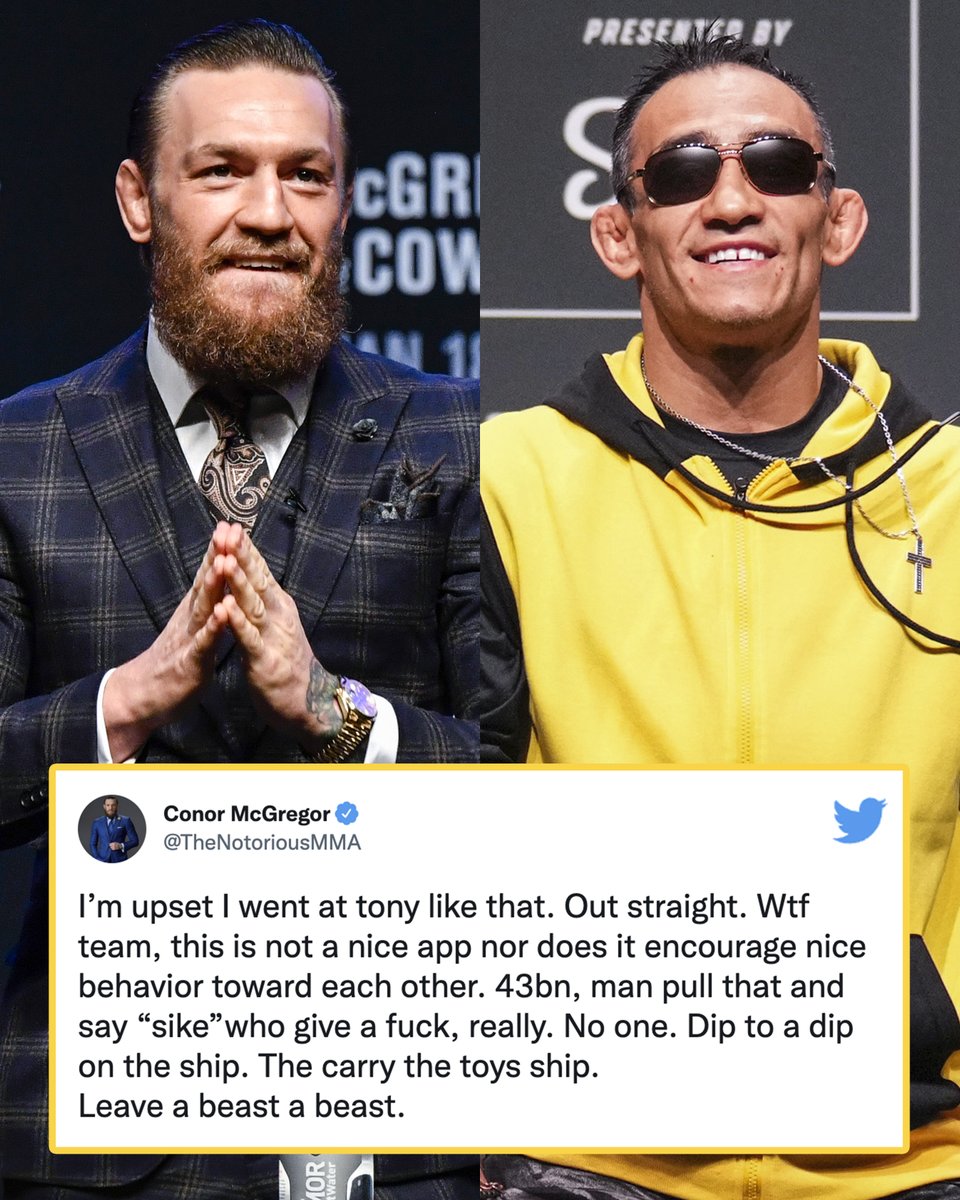 MMAFighting's tweet photo. Conor McGregor appears to regret how he treated Tony Ferguson on Twitter 🐤 https://t.co/fXYghAcl1t