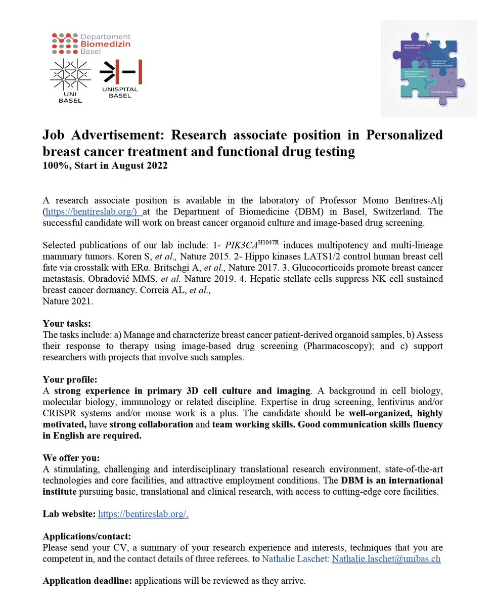 M. Bentires-Alj (@momobentires) on Twitter photo Job offer <a href="/MomoBentires/">M. Bentires-Alj</a> lab: Research associate position in Personalized breast cancer treatment using functional drug testing on patient organoids
jobs.unibas.ch/offene-stellen… Job offer <a href="/MomoBentires/">M. Bentires-Alj</a> lab: Research associate position in Personalized breast cancer treatment using functional drug testing on patient organoids
jobs.unibas.ch/offene-stellen…