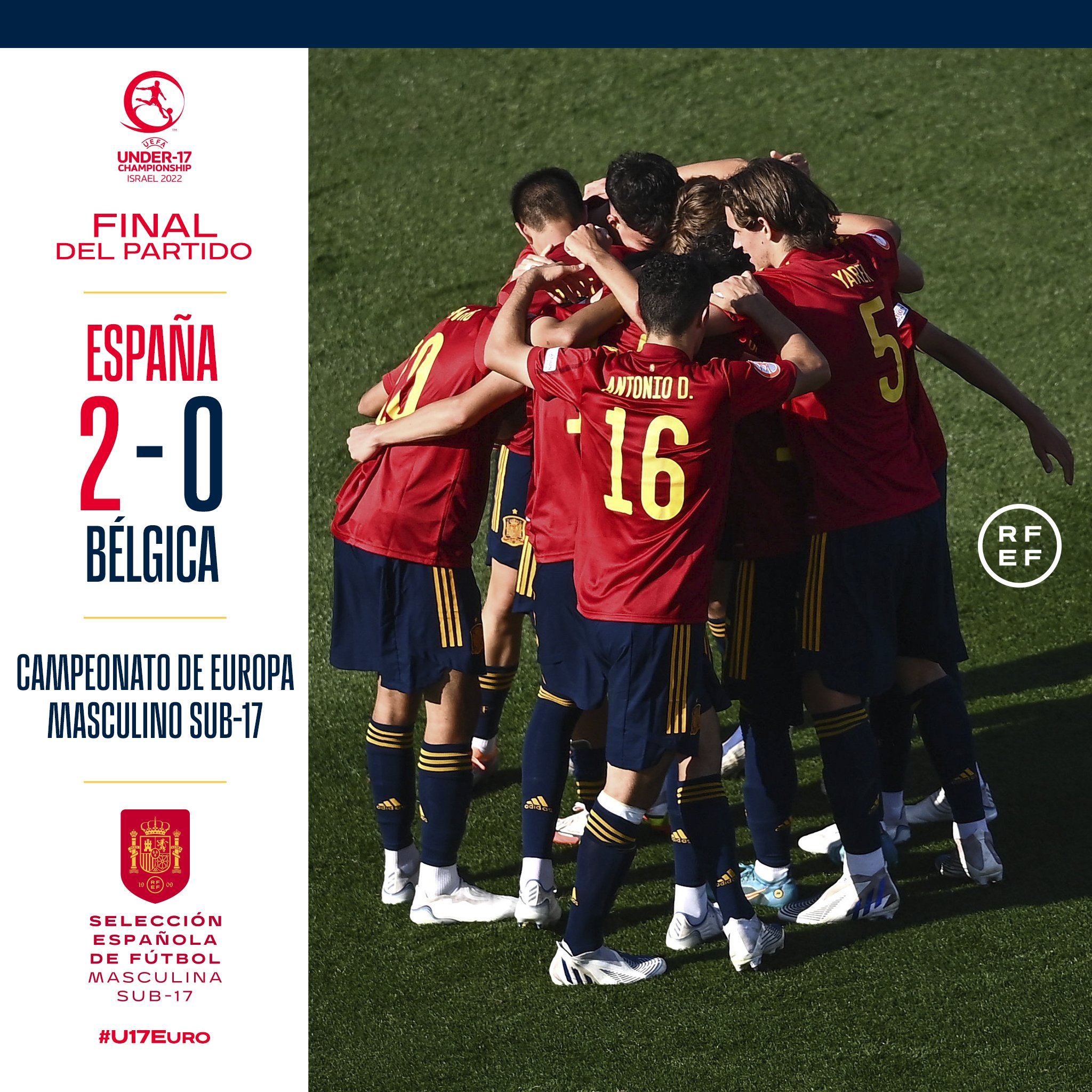Selección Española de Fútbol on Twitter: "🤩 ¡SE ACABÓ!¡ESPAÑA VENCE A Y ESTARÁ EN LA SIGUIENTE FASE! 🇪🇸 2 🆚 0 🇧🇪 | ⏱️Final ⚽ 1-0 | @javier_6bf (12') ⚽ 2-0 | @ikbravo9 #U17EURO https://t.co/u8xADdxeXD" / Twitter