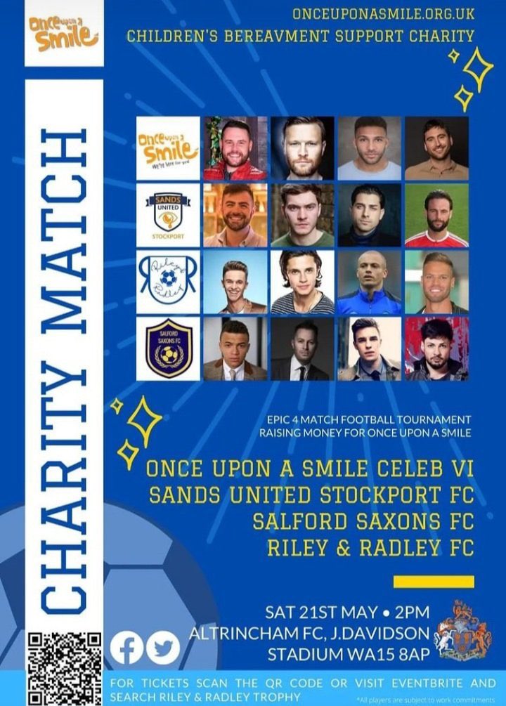 We are pleased to  announce that we will be broadcasting live from <a href="/altrinchamfc/">Altrincham FC</a> tomorrow 1-5pm for the <a href="/Sidley_OUAS/">Once Upon a Smile</a> charity football tournament 4 teams of celebrities &amp; charity ambassadors complete for <a href="/rileyandradley/">Riley & Radley Trophy #onceuponasmile</a> Trophy.
Everyone welcome pay at gate 4