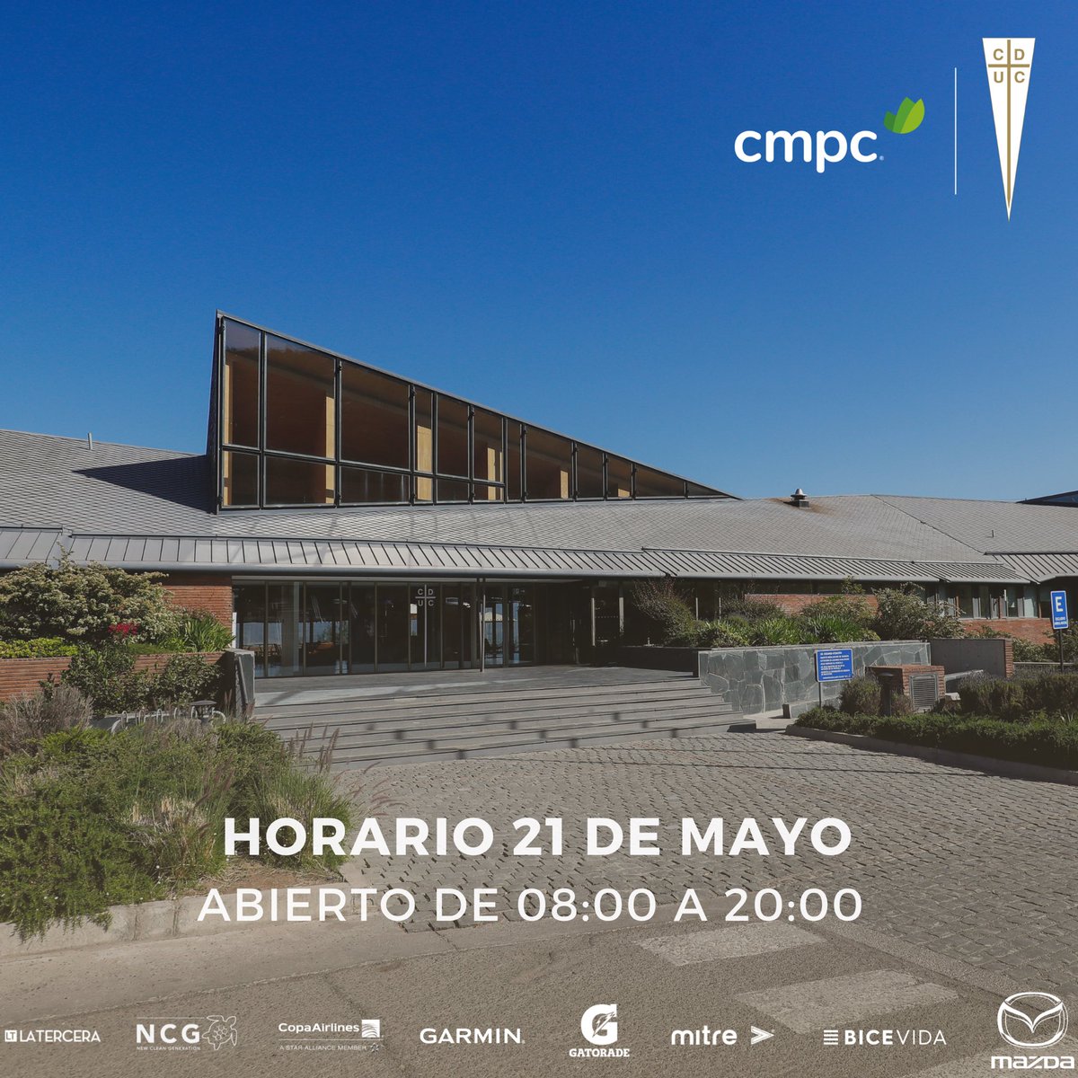 ClubHouseUC's tweet photo. ⚠️Informativo: Horario 21 de mayo

Este sábado 21 de mayo es feriado y se conmemora el Día de la Glorias Navales. Por este motivo, Club House funcionará con un horario especial de 08:00 a 20:00 horas. https://t.co/xMifUFd2md