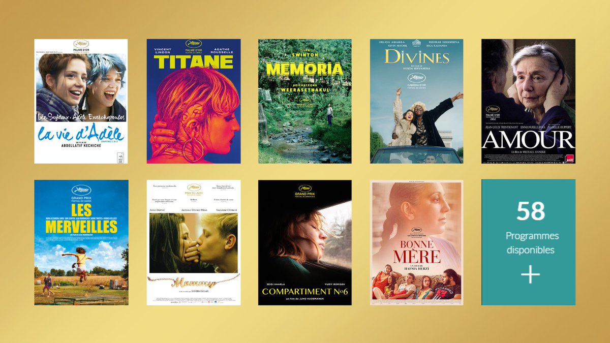 Honneur aux vainqueurs ! 🏆

Pour célébrer le #FestivaldeCannes2022 🎉retrouvez sur Médiathèque Numérique une sélection d'œuvres qui ont été récompensées par le jury cannois au fil des années. ▶ bit.ly/2IsLhZv