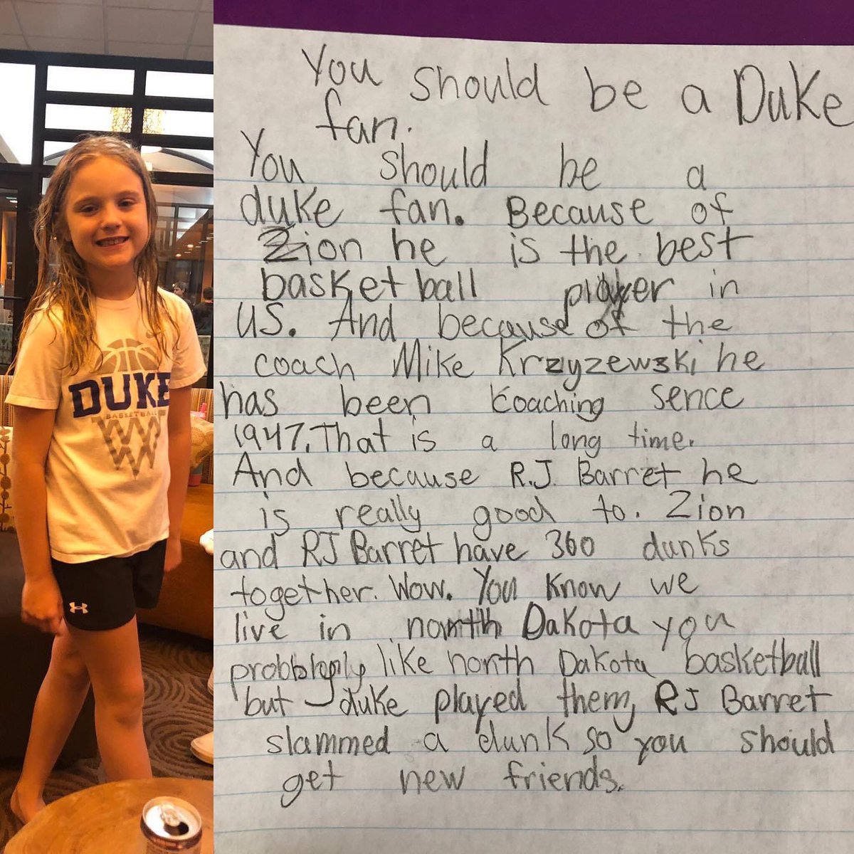 CAustreim's tweet photo. @mikecoachk Popped up in my memories today, thought you’d enjoy! My then 3rd grader’s essay for school 🏀😂 #startemyoung #dukefanatic https://t.co/MYXLILZKu6
