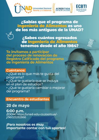 Estudiante unadista de Ingenietia de alimentos te esperamos el 20 de mayo hora 6 pm a participar del proceso de renovación de Registro calificado del programa. Es muy importante contar con tu compañía.
Link enlace directo Zoom:  unad-edu-co.zoom.us/j/96025282866
<a href="/IngClaraS/">Clara Sanchez</a> <a href="/UniversidadUNAD/">Universidad UNAD</a>