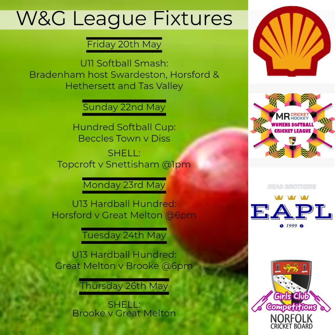 NorfolkCBWandG's tweet photo. 🏏W&G Fixtures this Week🏏
Don't forget to add fixtures to play-cricket
WSL: https://t.co/ZYcAl3OHqp
Girls Leagues: https://t.co/07cs7G8Uu1
Shell League: https://t.co/gOd83WpLk5
#WeGotGame #WomensCricket #GirlsCricket #SoftballCricket #ThisGirlCan #ShellLeague #SoftballSmash https://t.co/6Sf3XvZKI5