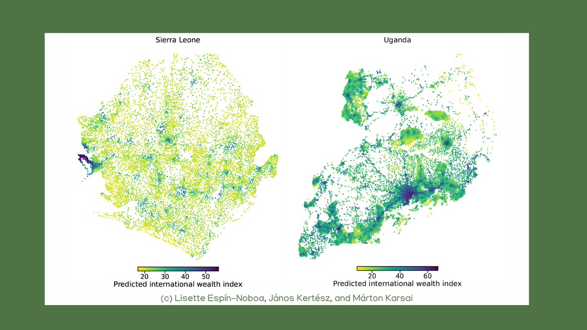 Inferred poverty maps using multimodal data in Sierra Leone and Uganda. Colors refer to the predicted international wealth index.