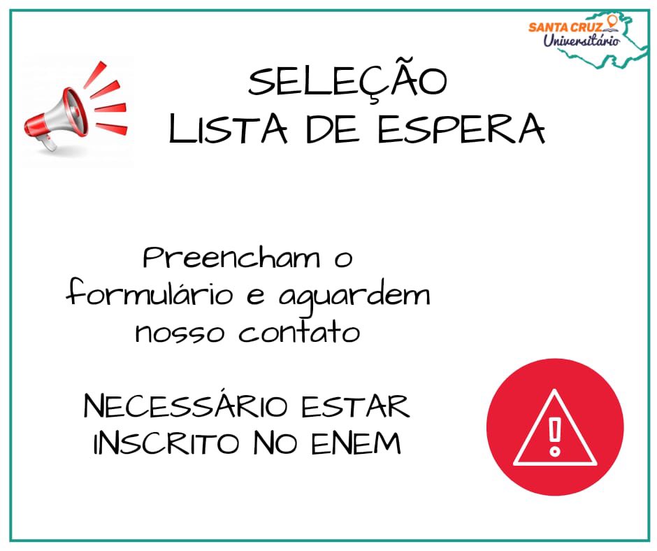 SantaCruzUnive2's tweet photo. ⚠️⚠️⚠️⚠️⚠️

Fala galera, se liga nessa novidade!! 🤩 🎉

Estão abertas as inscrições para a nossa lista de espera. Se você tem interesse em ingressar no Santa Cruz universitário, essa é a hora! 

Obs: Necessário estar inscrito no ENEM! 

#prevestibular 

https://t.co/3lYEUsjwvu https://t.co/ghR35zaktr