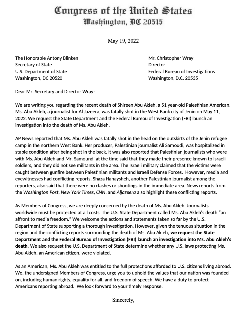 DrShushan's tweet photo. 57 Members of Congress, led by @RepAndreCarson @RepLouCorrea @BillPascrell, are calling publicly for a US investigation of Palestinian-American journalist Shireen Abu Akleh's killing and a determination of whether US laws were violated. https://t.co/ijWyvXemU0