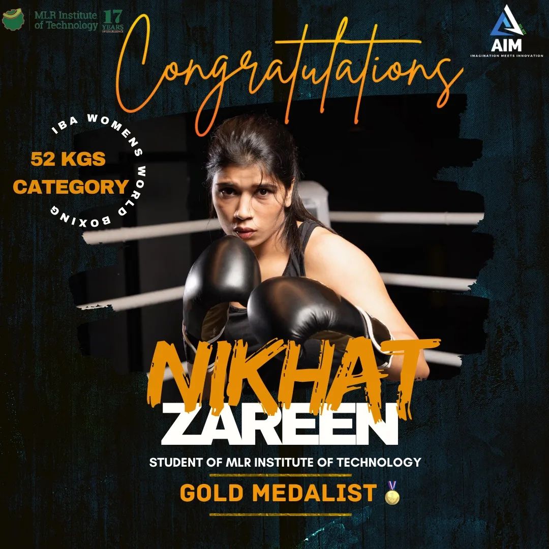 Aimclub_mlrit's tweet photo. GOLDEN PUNCH 🥊!
"That winning roar which is heard in every corner . Congratulations to @nikhat_zareen for bringing home the Gold🏅
#WorldChampionNikhatZareen #Boxing #GOLD #PunchMeinHaiDum  #MLRIT  #aimclub #aiml #aimclubmlrit  #bestengineeringcollege  #congratulations #winner https://t.co/bPhaGSPL8Q