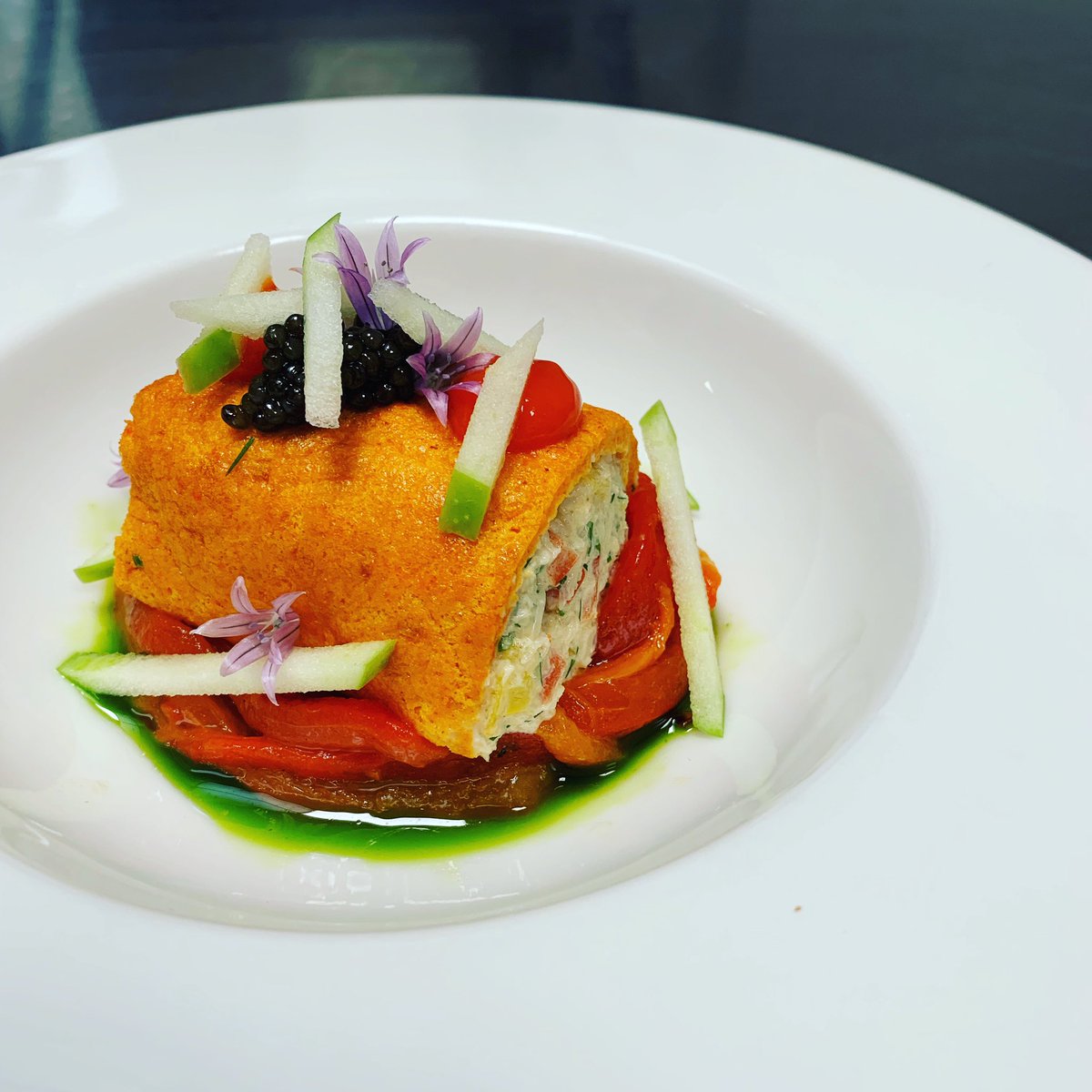 Union Hall crab and red peppers roulad/<a href="/RoyalBelgianCav/">Royal Belgian Caviar</a> /green apples/chives flowers.
<a href="/CelticRossHotel/">Celtic Ross Hotel</a> tonight on special menu