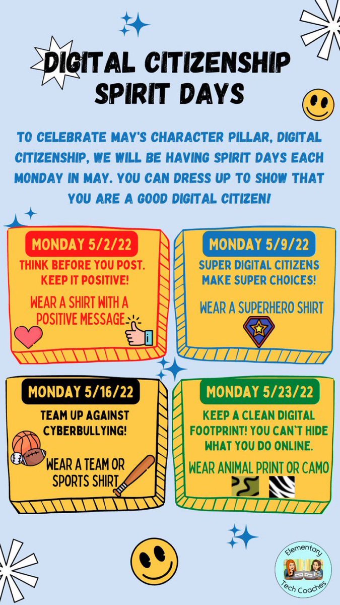 MTPSNJ's tweet photo. Reminder:
Monday, May 23rd is the LAST DIGITAL CITIZENSHIP SPIRIT DAY for May. 📱💻

REMEMBER to wear animal 🐯print 🦁 or camo to show your spirit.

THANK YOU ☺️ for showing such amazing spirit all month long!! https://t.co/c4KgLZOaxY