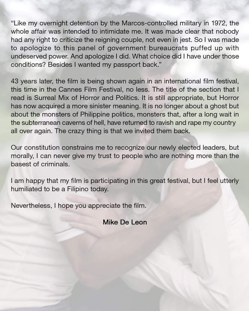 AtengSharlene's tweet photo. "Our constitution constrains me to recognize our newly elected leaders, but morally I can never give my trust to people who are nothing more than the basest of criminals" - Direk Mike De Leon https://t.co/XwMcZFaevw