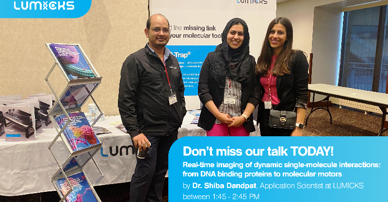 LUMICKS_nl's tweet photo. LUMICKS is at the Minnesota Microscopy Society Symposium TODAY! Drop by our booth for a chat and don’t miss our talk where @shibasundar3 will show how you can resolve the dynamic interactions of #DNAbindingProteins or #MolecularMotors in real-time!⬇️