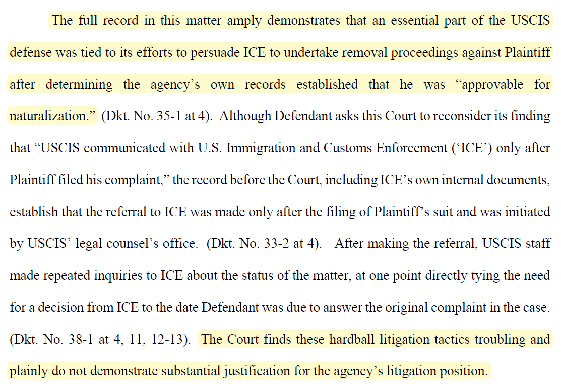 MatthewHoppock's tweet photo. Great example of using #FOIA to fight "hardball litigation tactics." After naturalization applicant sued USCIS for failing to act, it tried to get him deported to end the suit. @BradBanias got their emails which show USCIS acting in bad faith. 
 https://t.co/sLwDCqJzZX https://t.co/CU9aU7q4I8