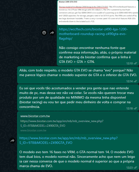 FuryTheKid's tweet image. Mais uma vez a @Terabyteshop
 vende um produto que não tem em estoque e tenta substituir com um BEM inferior achando que o cliente é leigo e não sabe o que está fazendo.

Seguem prints do atendente querendo me convencer de que uma Z490 GTA é inferior a uma Z490 GTA EVO e a thread