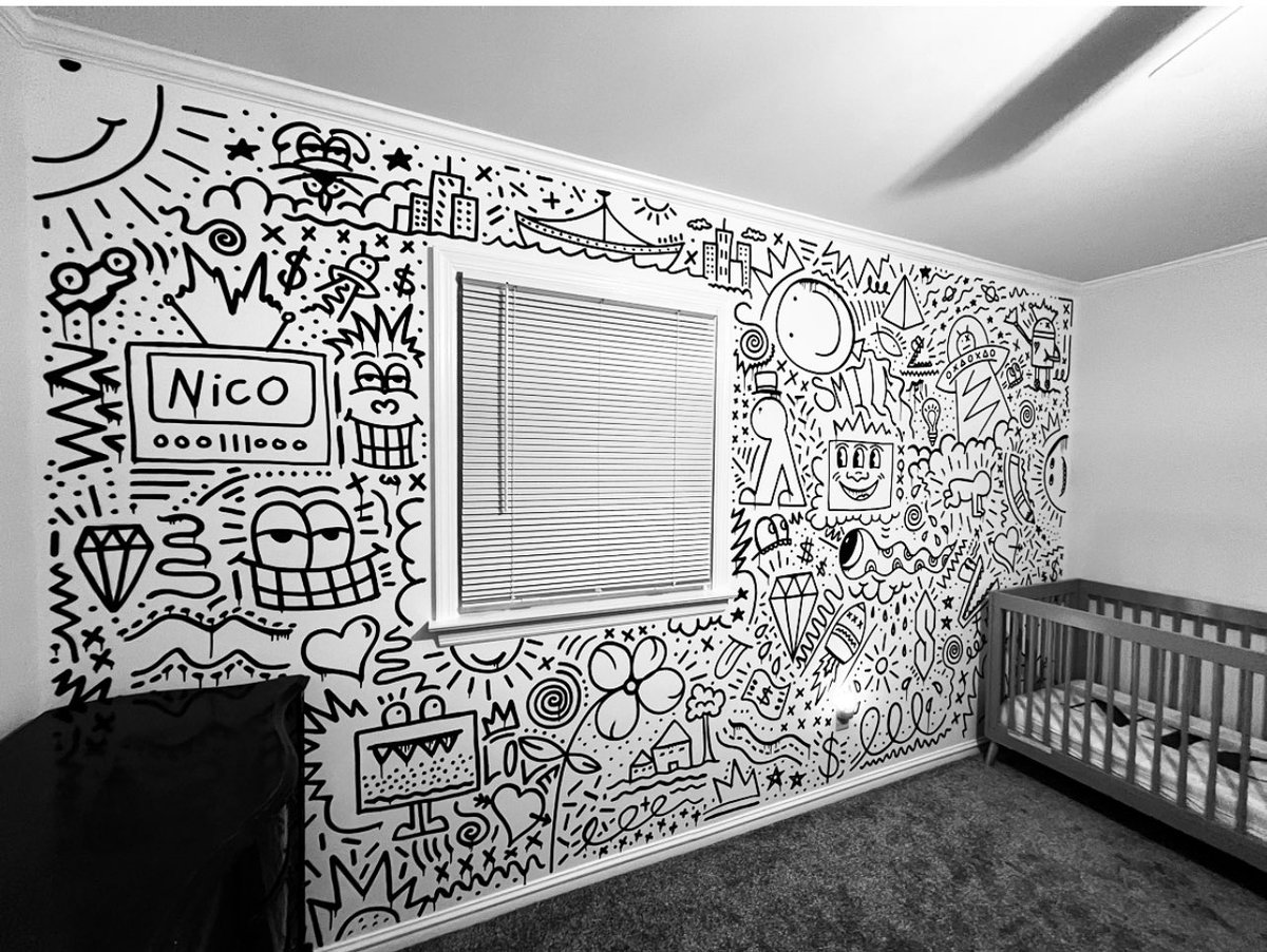 JMitchell_Art's tweet photo. Nico upgraded to a big brother room. #keithharing #inspired mural 

#blackandwhite #krink #doodles https://t.co/2eMTJAQzta