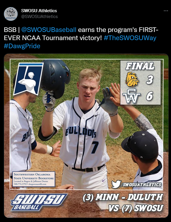 SWOSUBaseball's tweet photo. Throwback memory ⏪ 

Six years ago today, the Dawgs got a dub in the NCAA Tournament in St. Cloud, Minnesota ‼️ https://t.co/vtWIXwxA6m