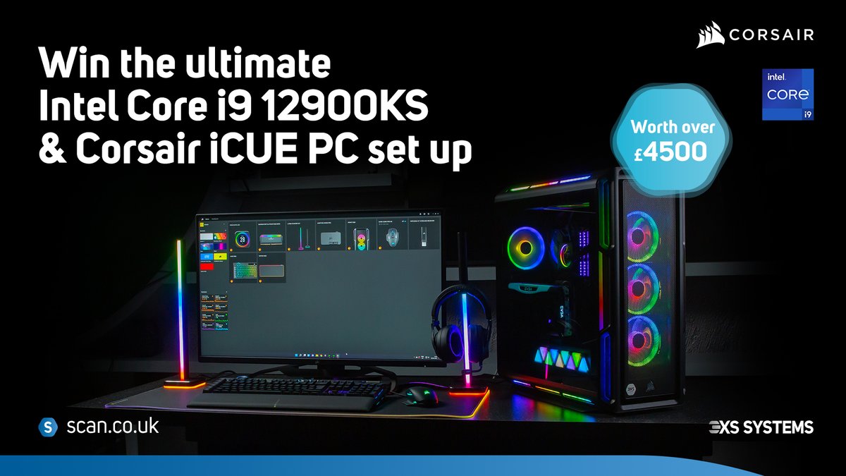 ScanComputers's tweet image. We are back! #WIN the ULTIMATE @CORSAIR iCUE PC setup feat @IntelUK i9 12900KS &amp;amp; @NVIDIAGeForceUK RTX 3080 Ti !! 

Enter here ---&amp;gt; bit.ly/3NWLCG8

Sponsored by #Corsair &amp;amp; #intel 
 
#SCAN12thGenUpgrade #icue #RTXOn #pcgaming #pcsetup #RGB