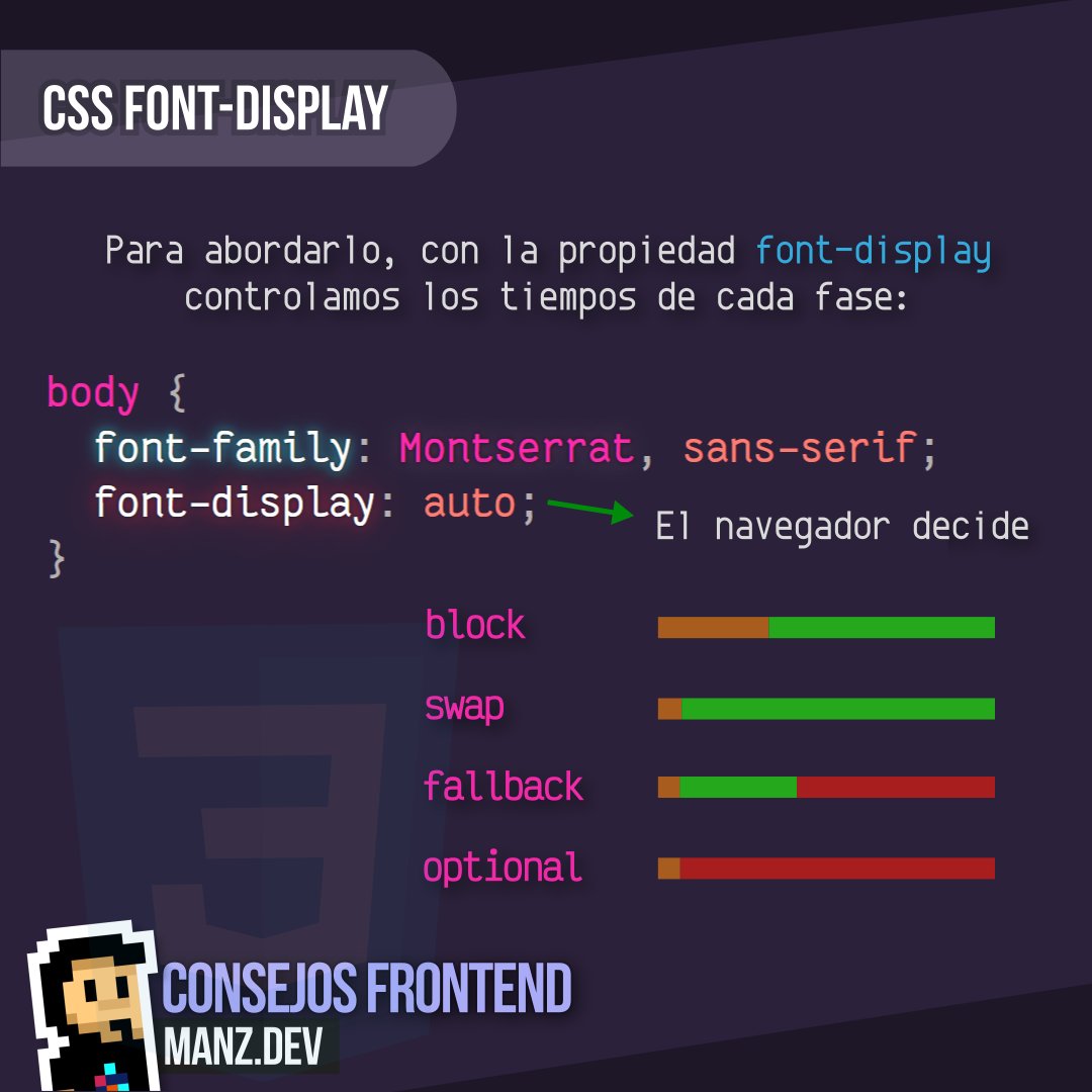 Manz 🇮🇨⚡👾 on Twitter: "Con la propiedad CSS `font-display`, podemos establecer un modo de carga que nos interese más, evitar FOIT o darle prioridad a tipografías alternativas. Los valores `block`, `swap`, `fallback` Manz 🇮🇨⚡👾 on Twitter: "Con la propiedad CSS `font-display`, podemos establecer un modo de carga que nos interese más, evitar FOIT o darle prioridad a tipografías alternativas. Los valores `block`, `swap`, `fallback`